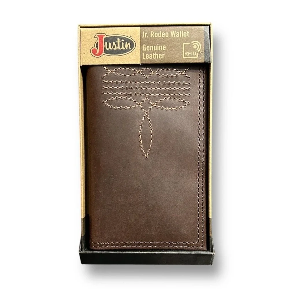 New Justin Jr Rodeo Wallet Brown Genuine Leather RFID Western Boot Stitch Detail